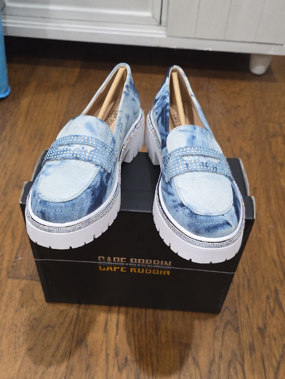 Cape Robbin Light Blue Denim Platform Loafers with Rhinestone Strap